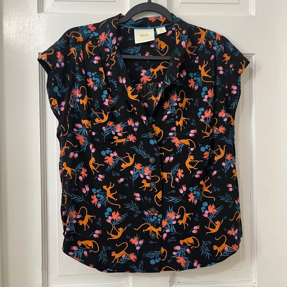 Maeve Anthropologie Monkey Print Shirt MP Boho Top Whimsical Jungle